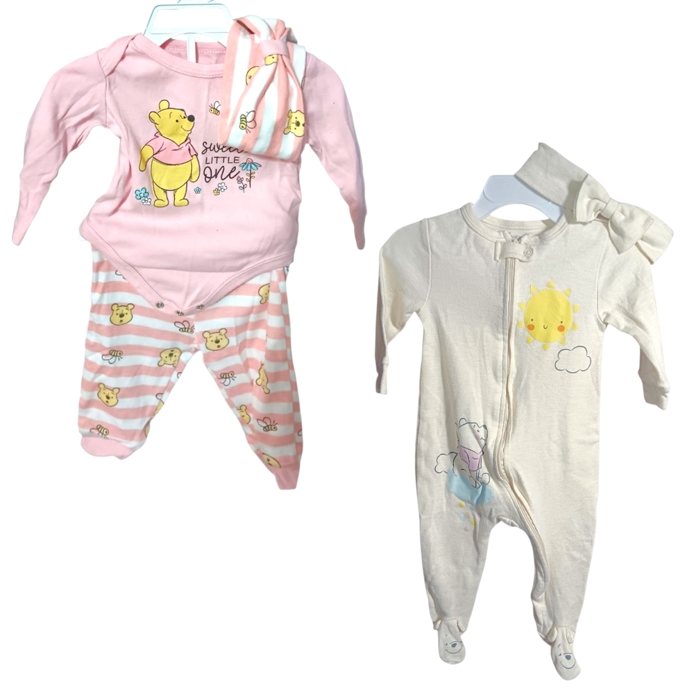 Disney Winnie the Pooh Pink & White Outfit and Cream Footie Set Size 6-9 Months